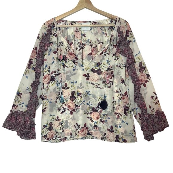 Misa Los Angeles Women’s Top Sia Pink Floral Roses Medium Size Chiffon Blouse - Picture 3 of 13